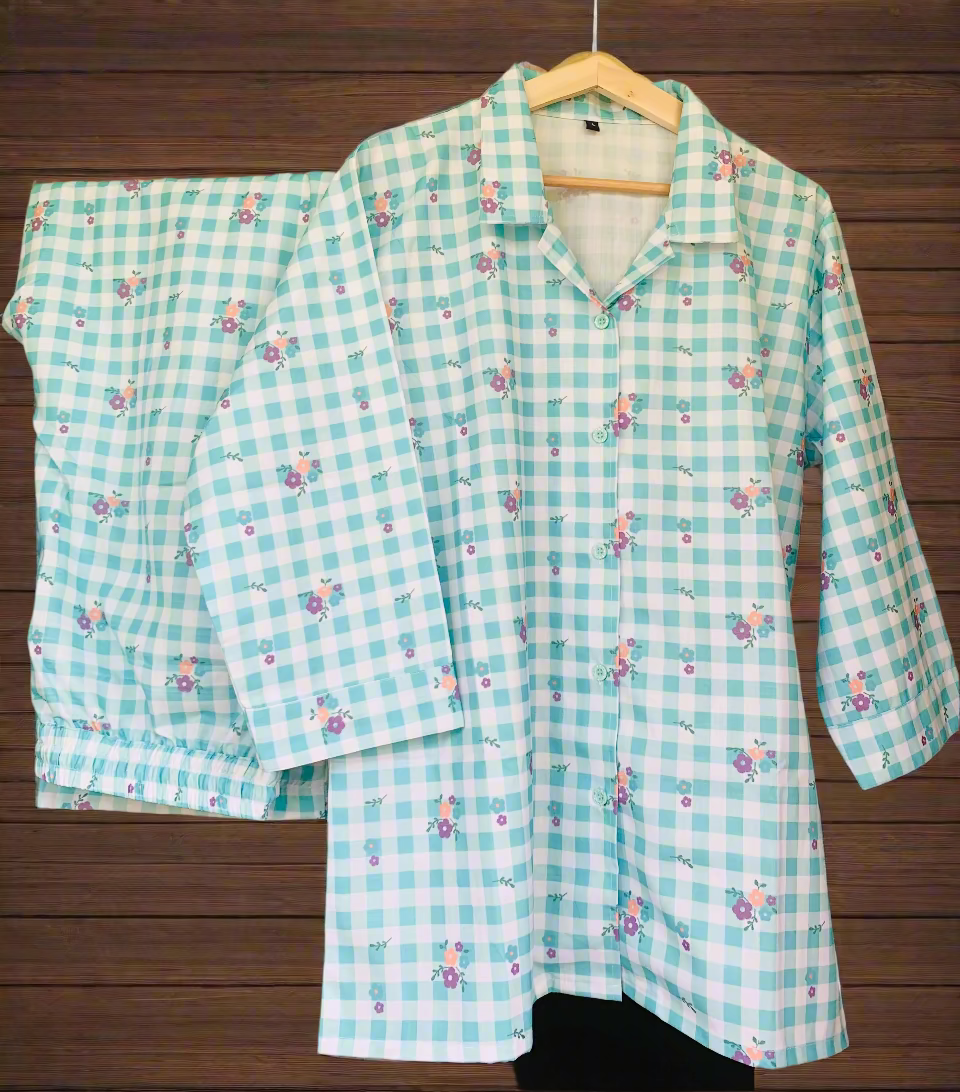 Pastel Bloom Night Suit Set - Sea Green
