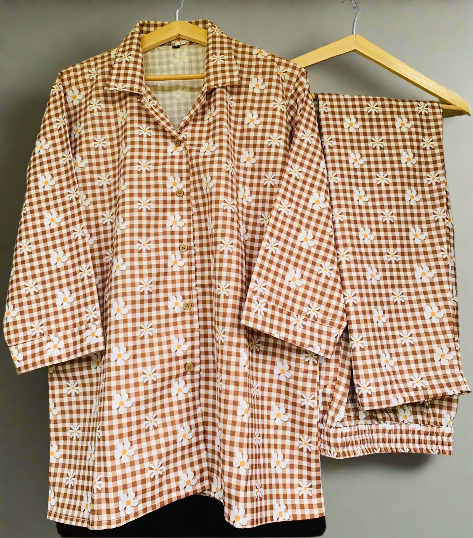 Petal Checks Night Suit Set - Chocolate Brown
