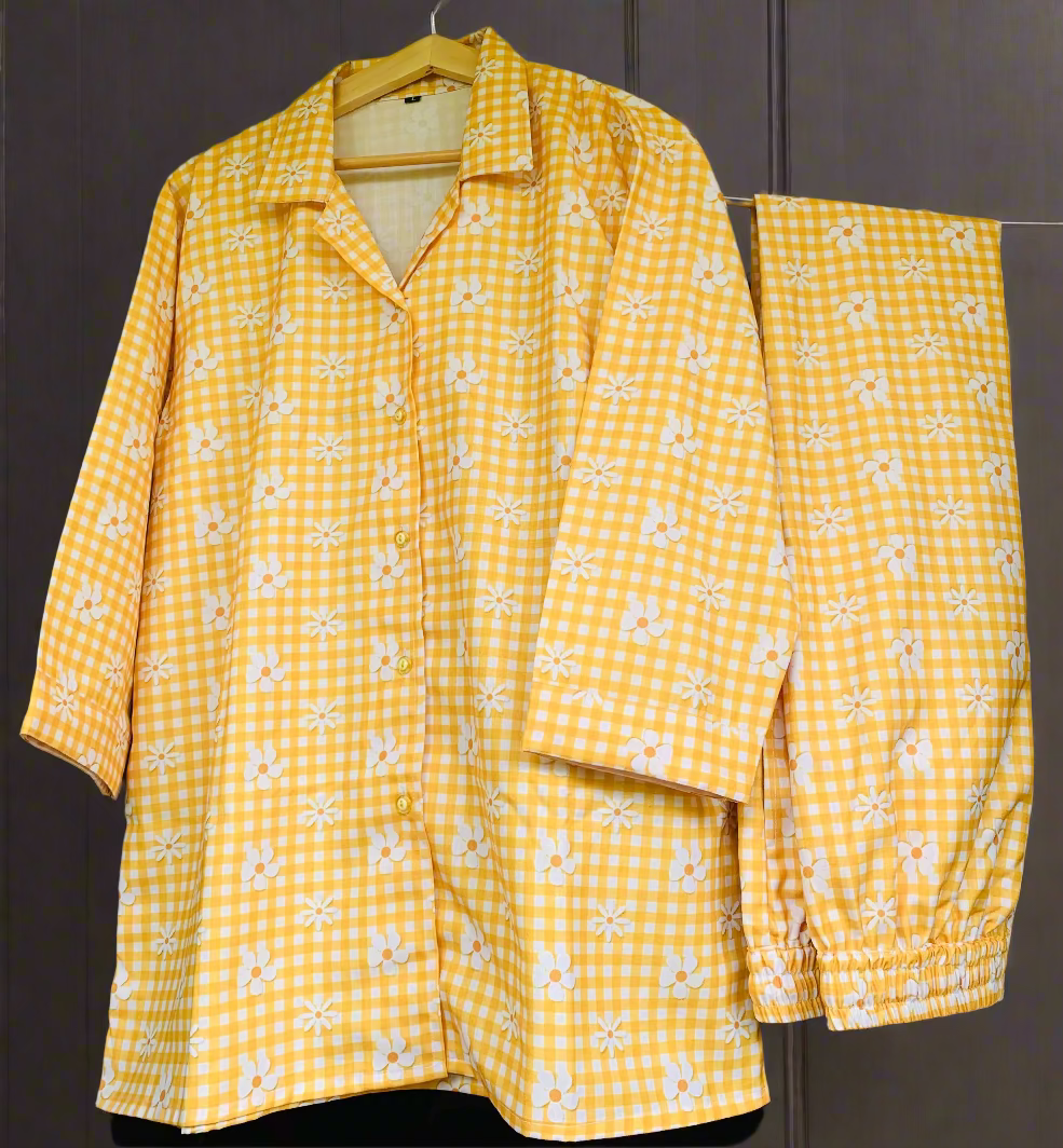 Petal Checks Night Suit Set - Yellow