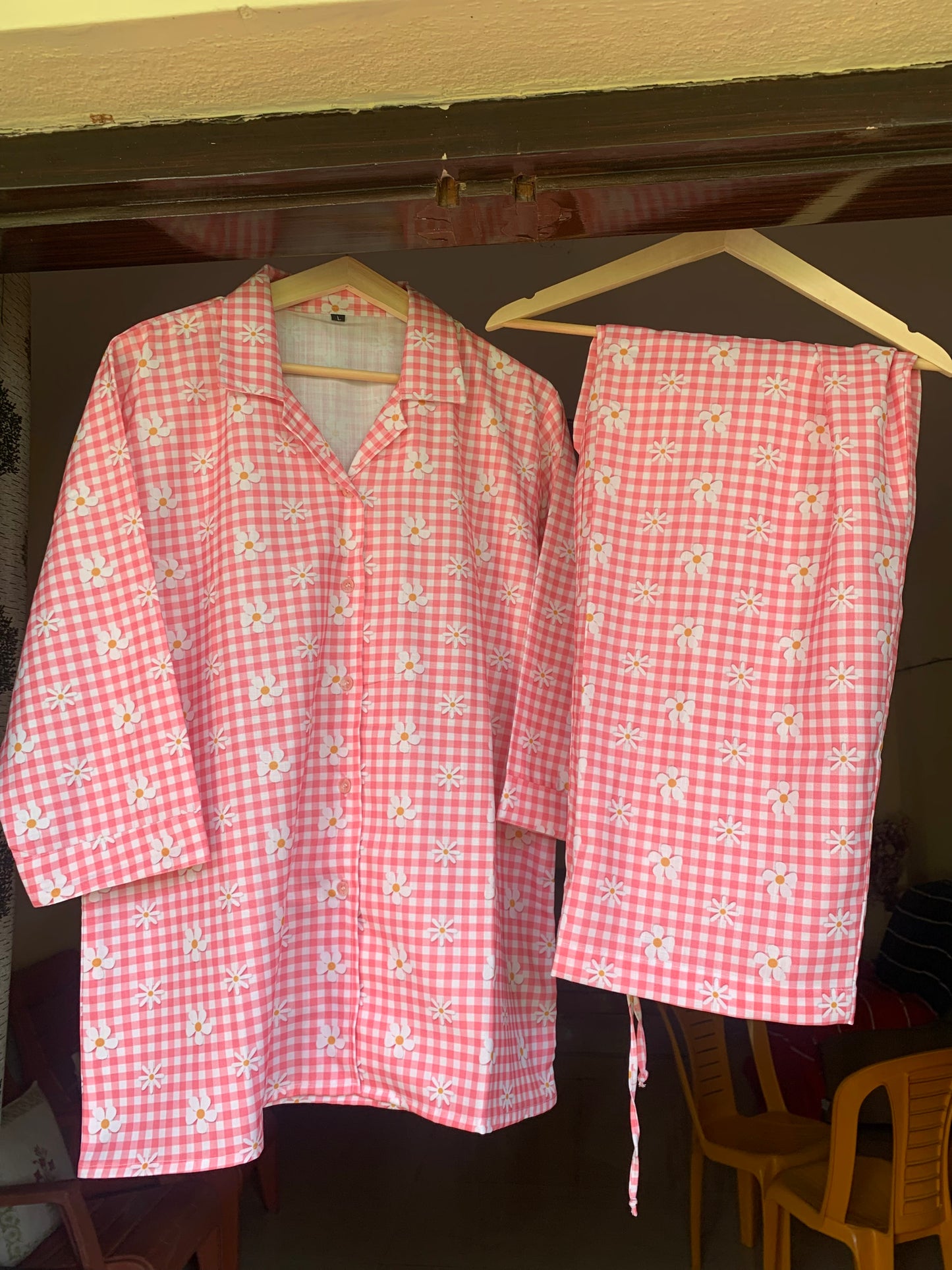 Petal Checks Night Suit Set - Pink