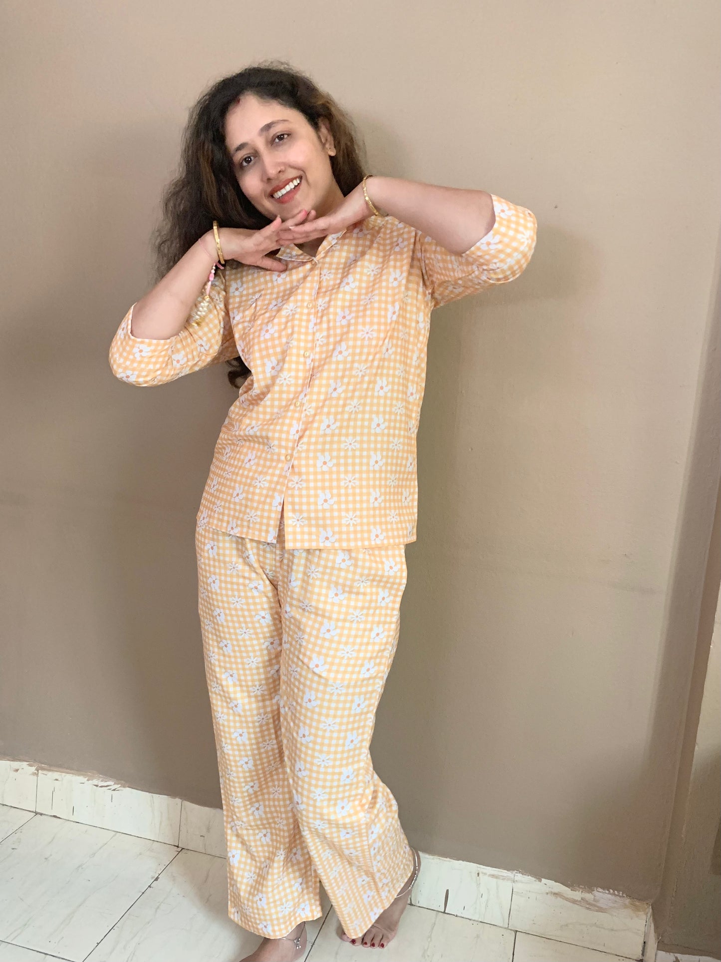 Petal Checks Night Suit Set - Yellow