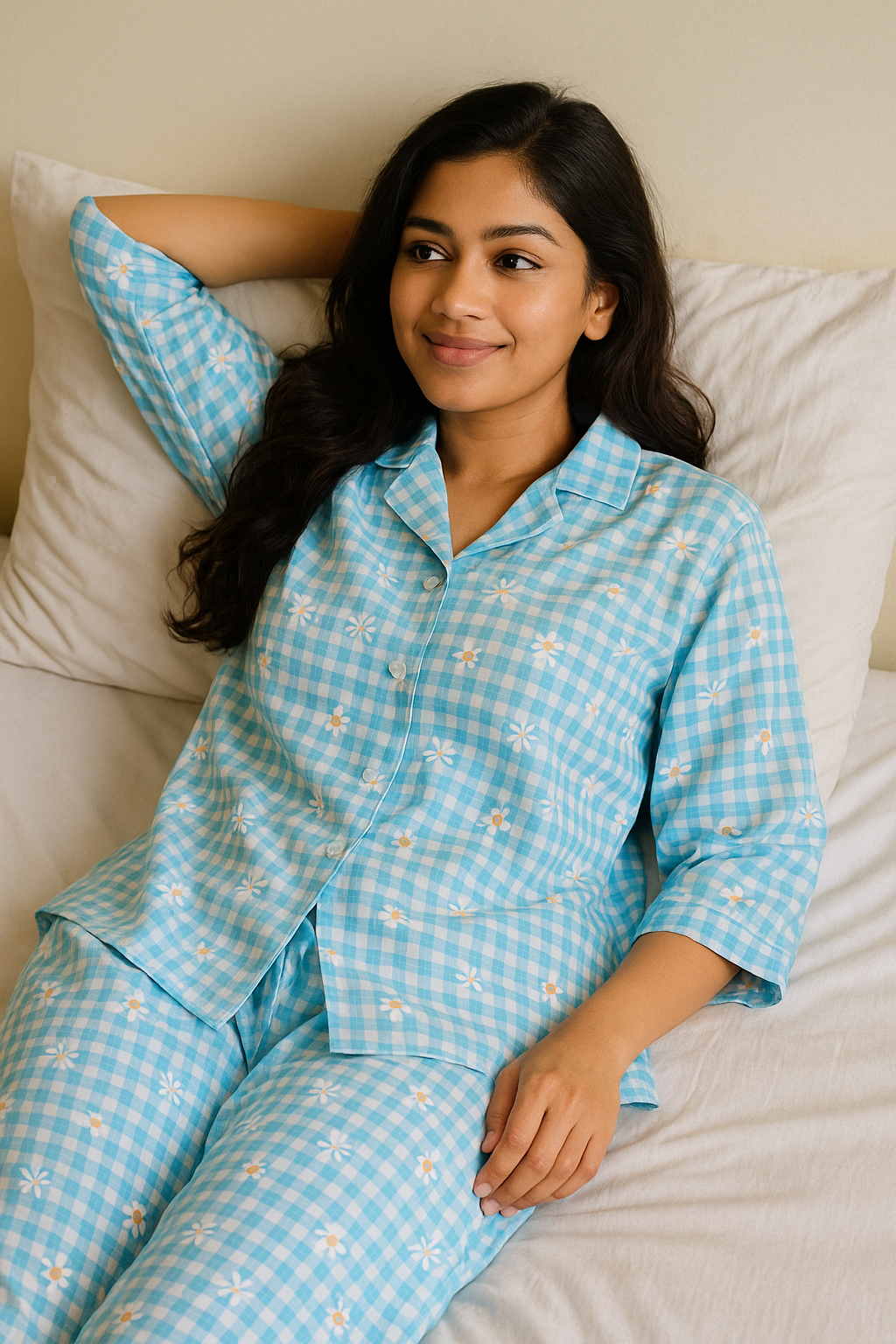 Petal Checks Night Suit Set -  Blue