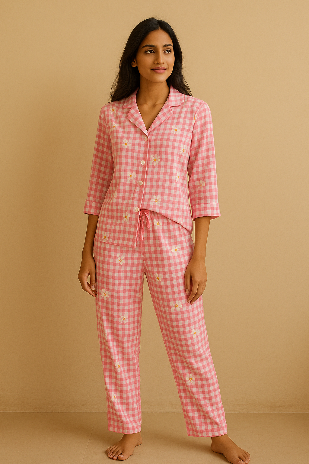 Petal Checks Night Suit Set -  Pink