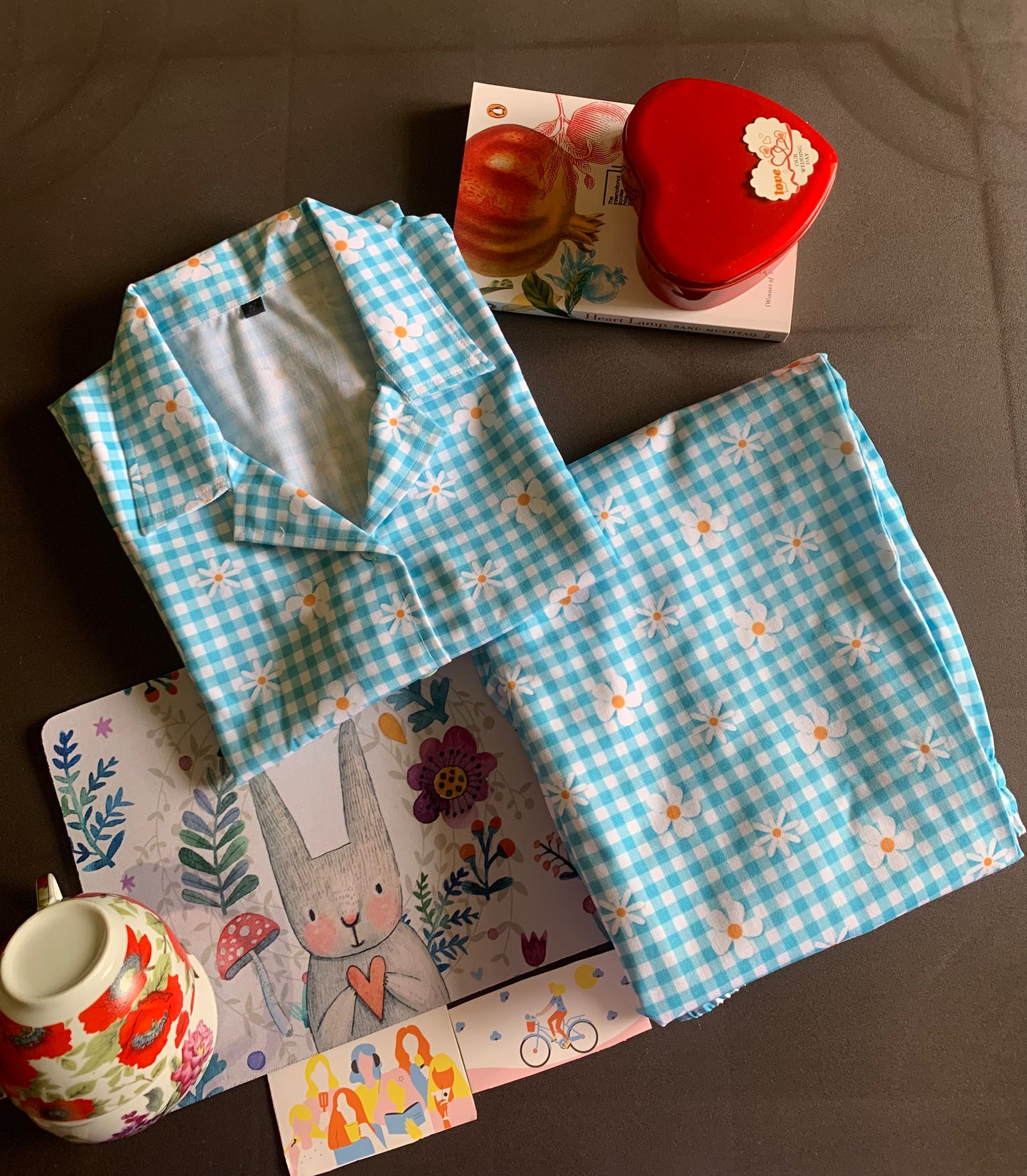 Petal Checks Night Suit Set -  Blue