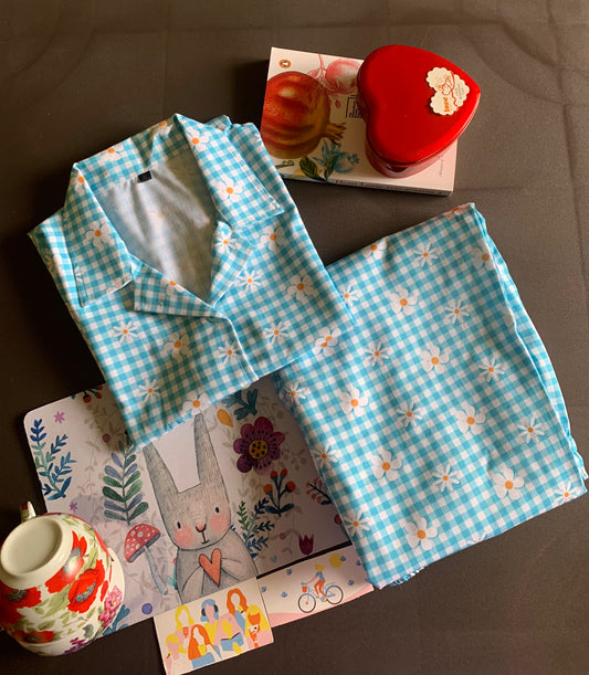 Petal Checks Night Suit Set -  Blue