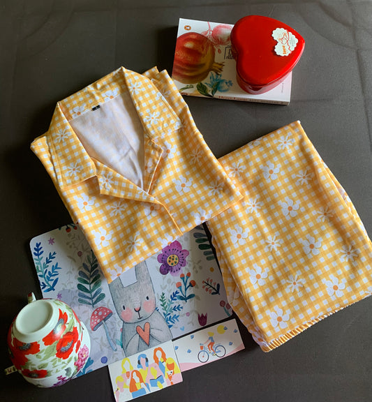 Petal Checks Night Suit Set -  Yellow