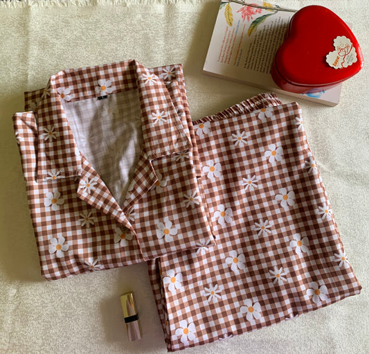Petal Checks Night Suit Set -  Chocolate Brown