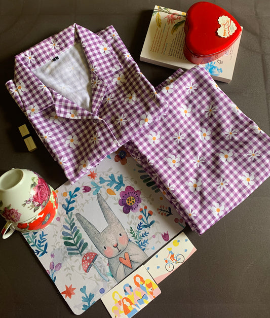 Petal Checks Night Suit Set -  Soft Lilac