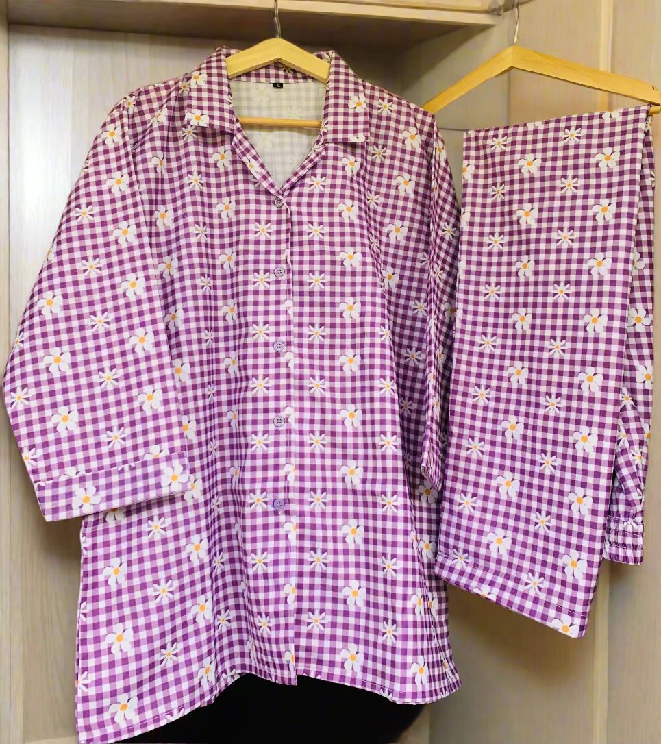 Petal Checks Night Suit Set -  Soft Lilac