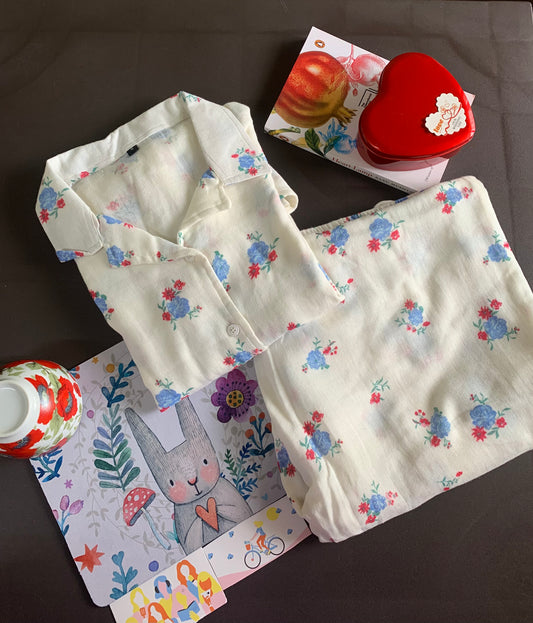 Baby Muslin Night Suit Set - Blue Florals