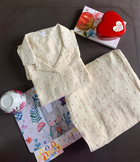 Baby Muslin Night Suit Set - Off White