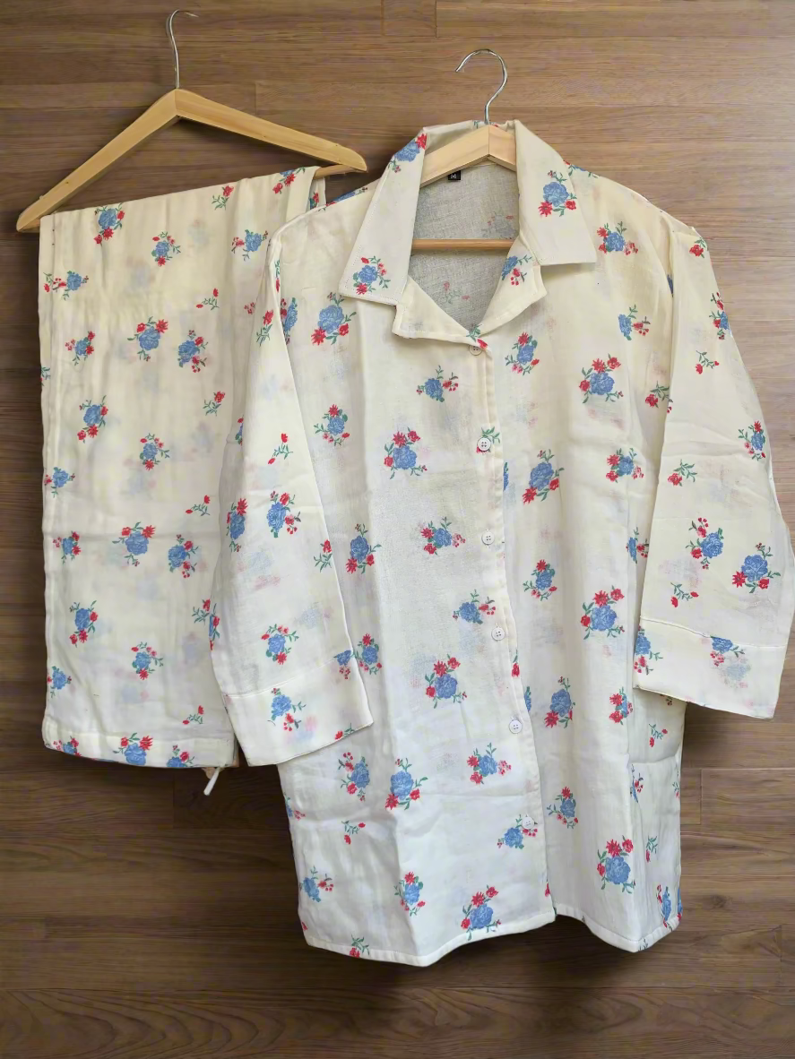 Baby Muslin Night Suit Set - Blue Florals