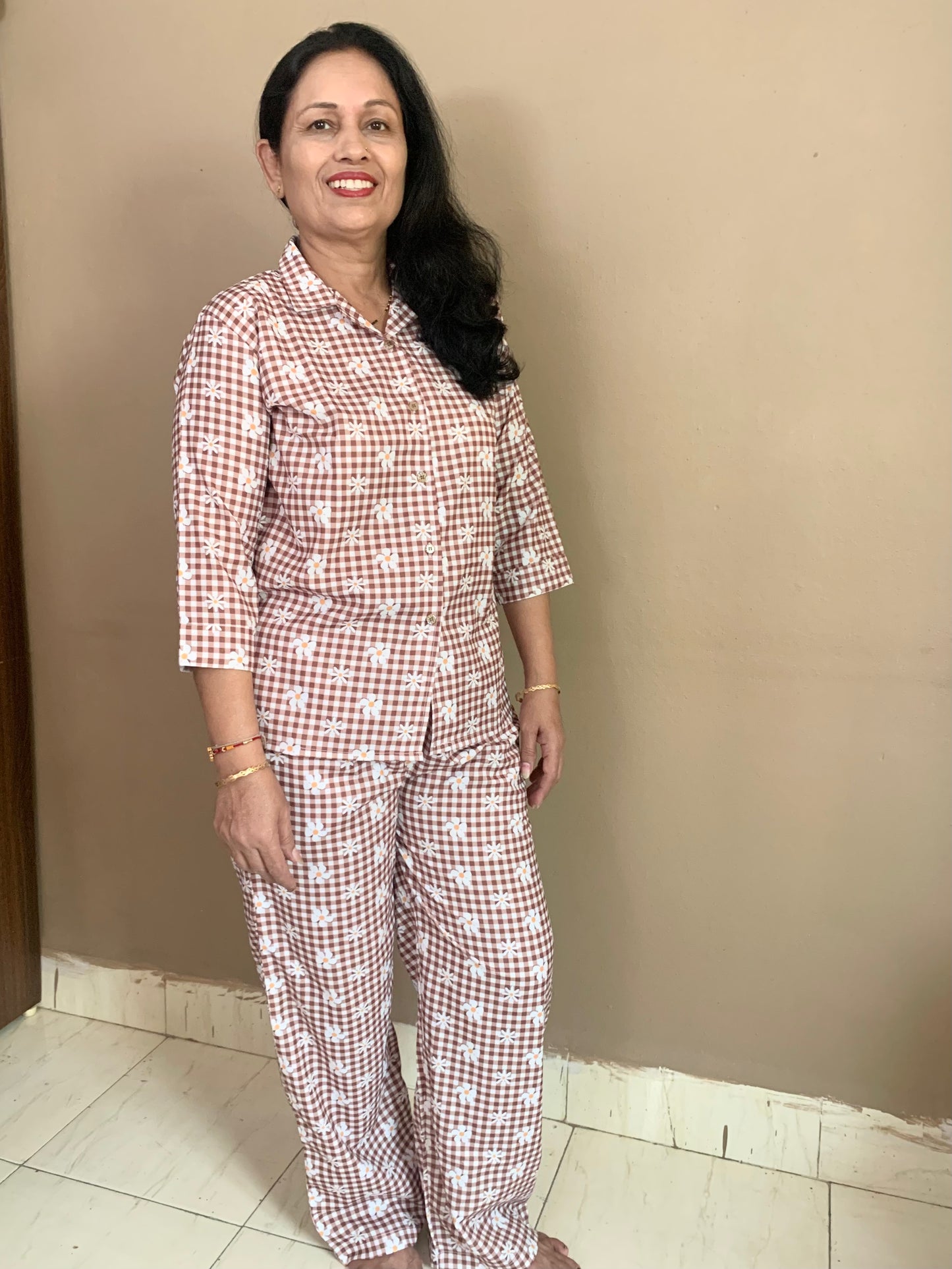 Petal Checks Night Suit Set -  Chocolate Brown